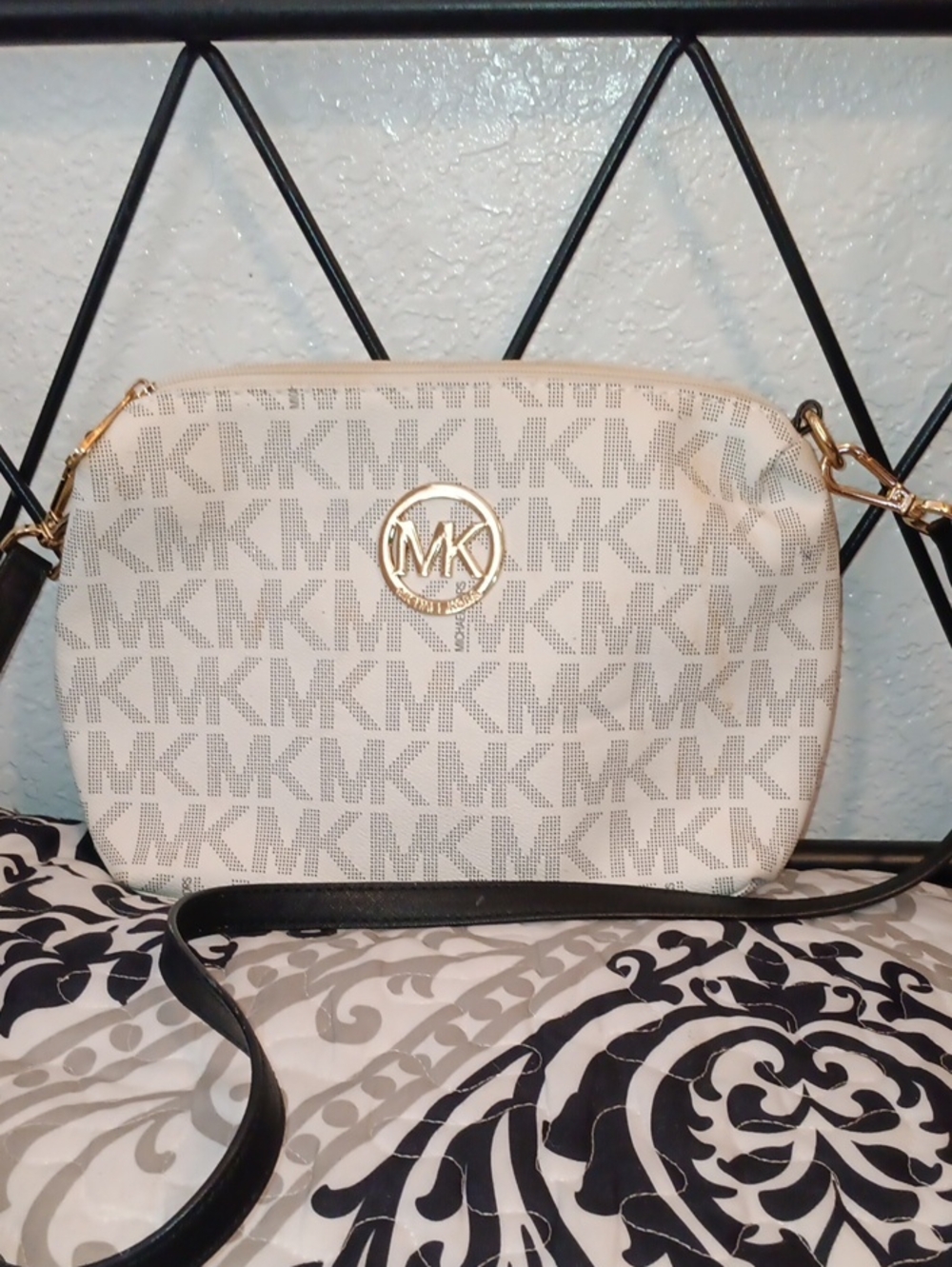 Michael Kors Preloved Cream Logo Crossbody with Black Strap and Gold Hardware